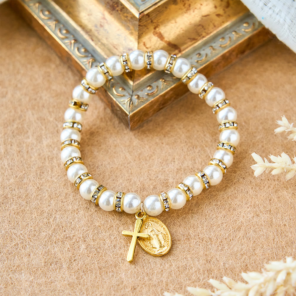 Modern Pearl Bracelet with Golden Miraculous Medal & Blessing Card: Opulent Communion