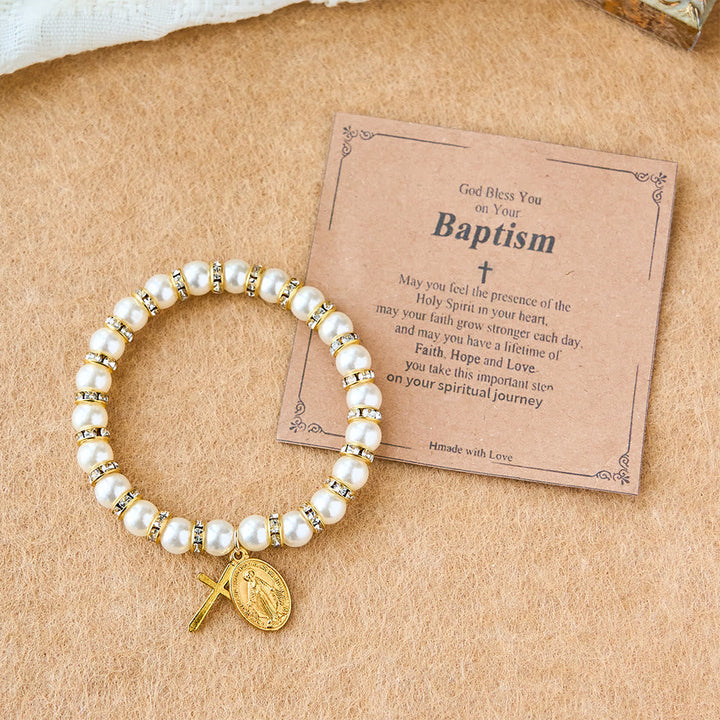 Modern Pearl Bracelet with Golden Miraculous Medal & Blessing Card: Opulent Communion