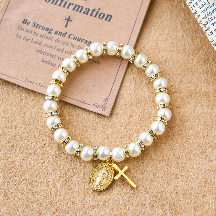 Modern Pearl Bracelet with Golden Miraculous Medal & Blessing Card: Opulent Communion