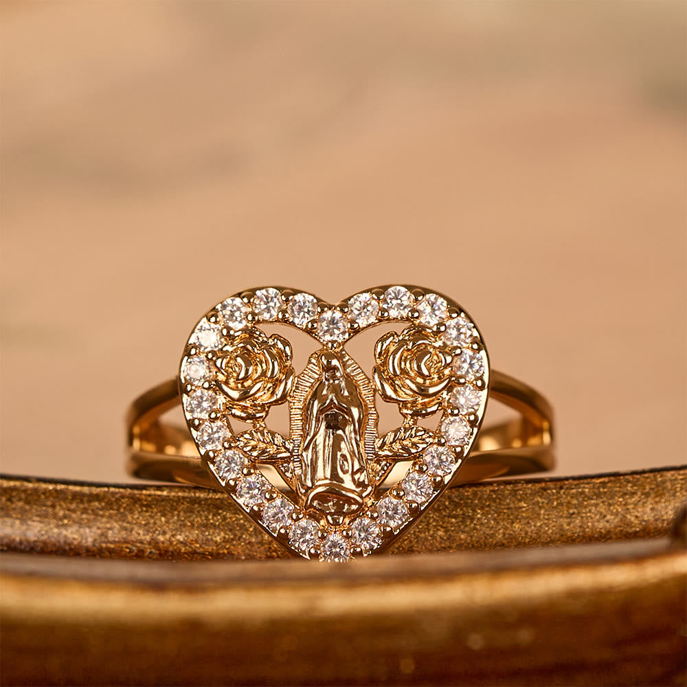 Heart-Shaped Our Lady Motif Ring with Rose Accents: Carry Her Care in Daily Wear