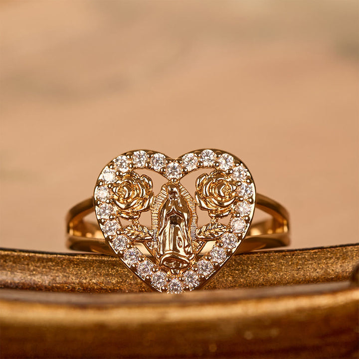 Heart-Shaped Our Lady Motif Ring with Rose Accents: Carry Her Care in Daily Wear