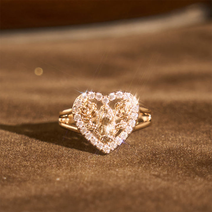 Heart-Shaped Our Lady Motif Ring with Rose Accents: Carry Her Care in Daily Wear