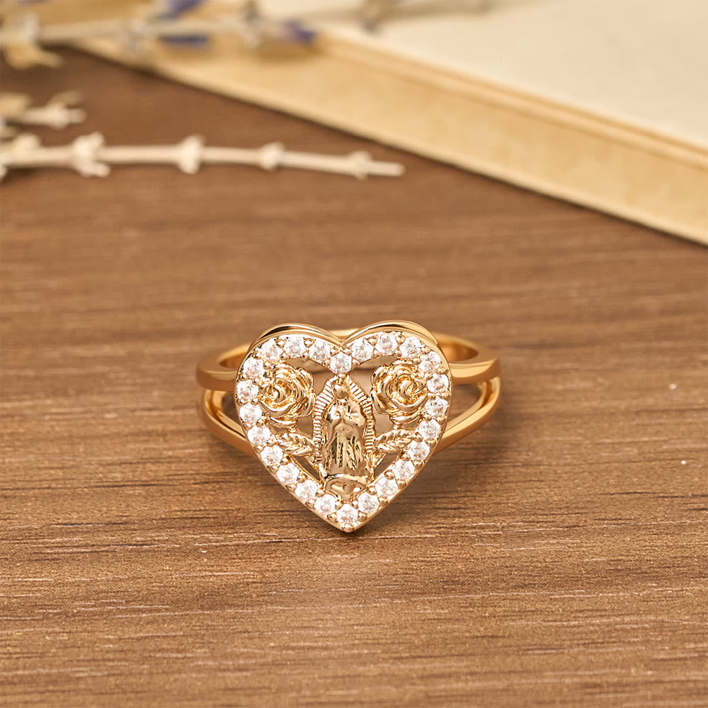 Heart-Shaped Our Lady Motif Ring with Rose Accents: Carry Her Care in Daily Wear