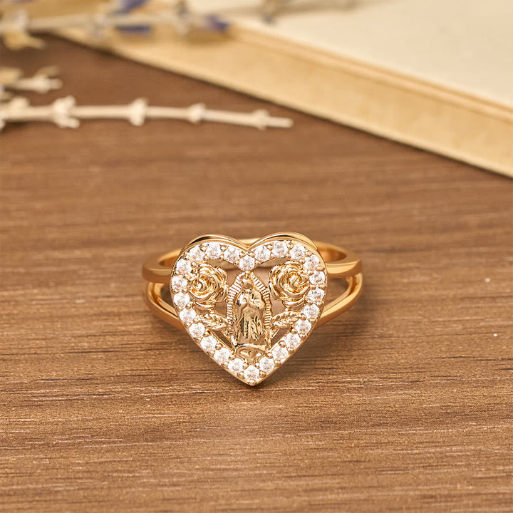 Heart-Shaped Our Lady Motif Ring with Rose Accents: Carry Her Care in Daily Wear