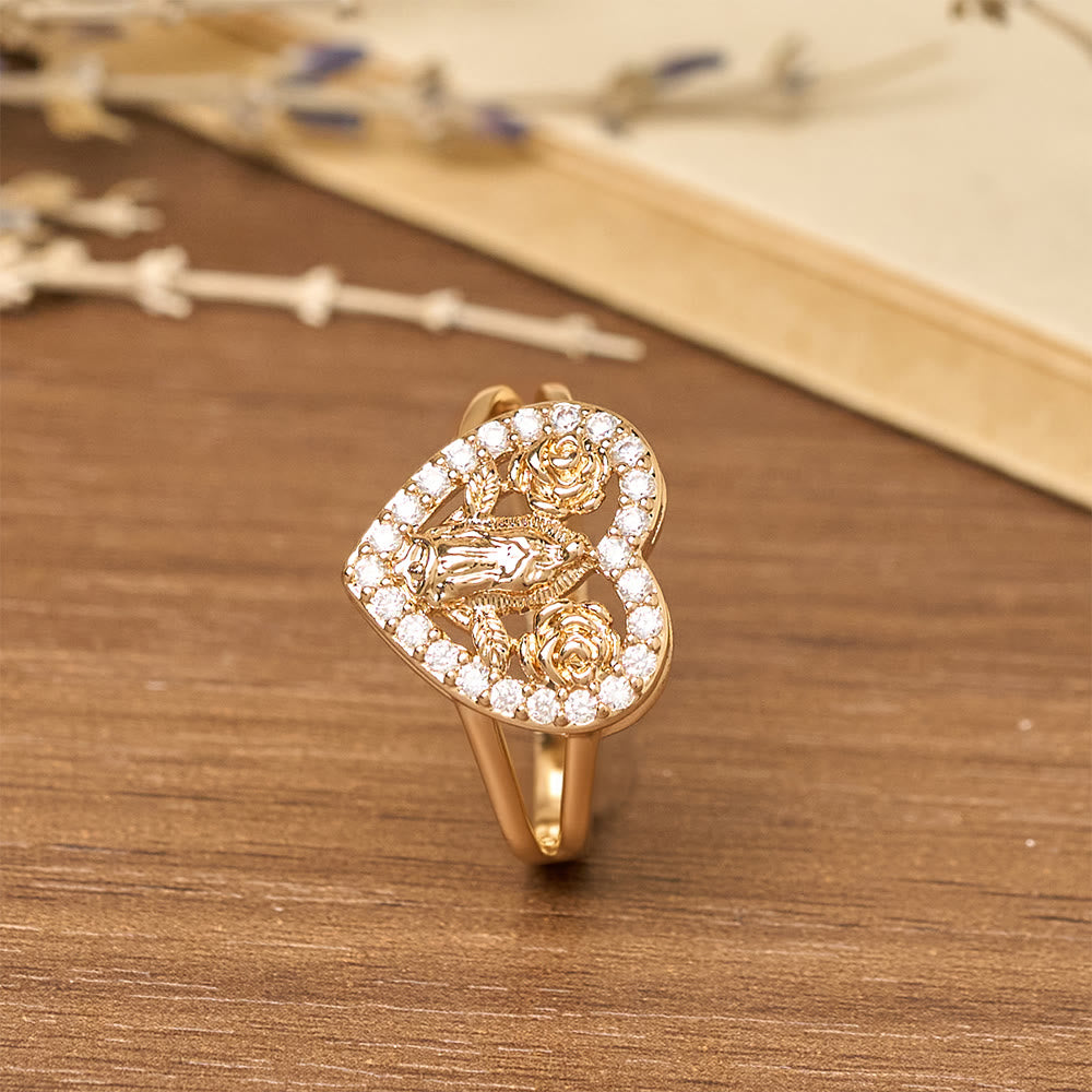 Heart-Shaped Our Lady Motif Ring with Rose Accents: Carry Her Care in Daily Wear