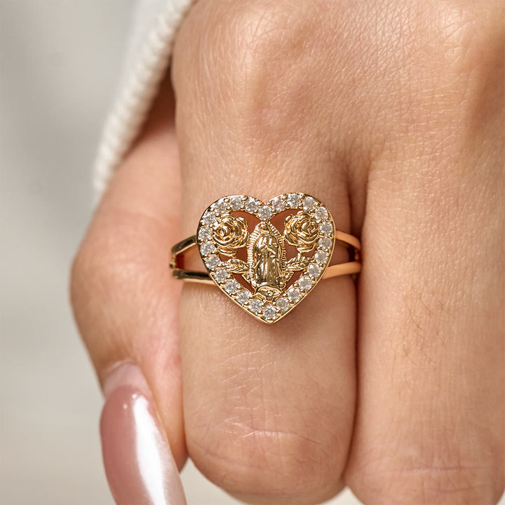 Heart-Shaped Our Lady Motif Ring with Rose Accents: Carry Her Care in Daily Wear
