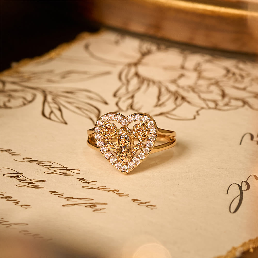 Heart-Shaped Our Lady Motif Ring with Rose Accents: Carry Her Care in Daily Wear