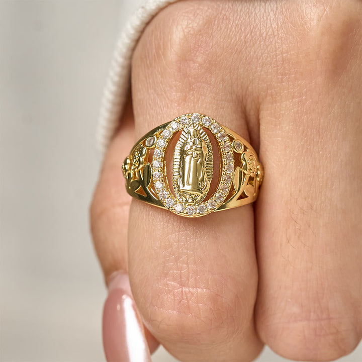 Our Lady Ring with Encircled Zircons & Floral Accents: Embody Her Tender Grace
