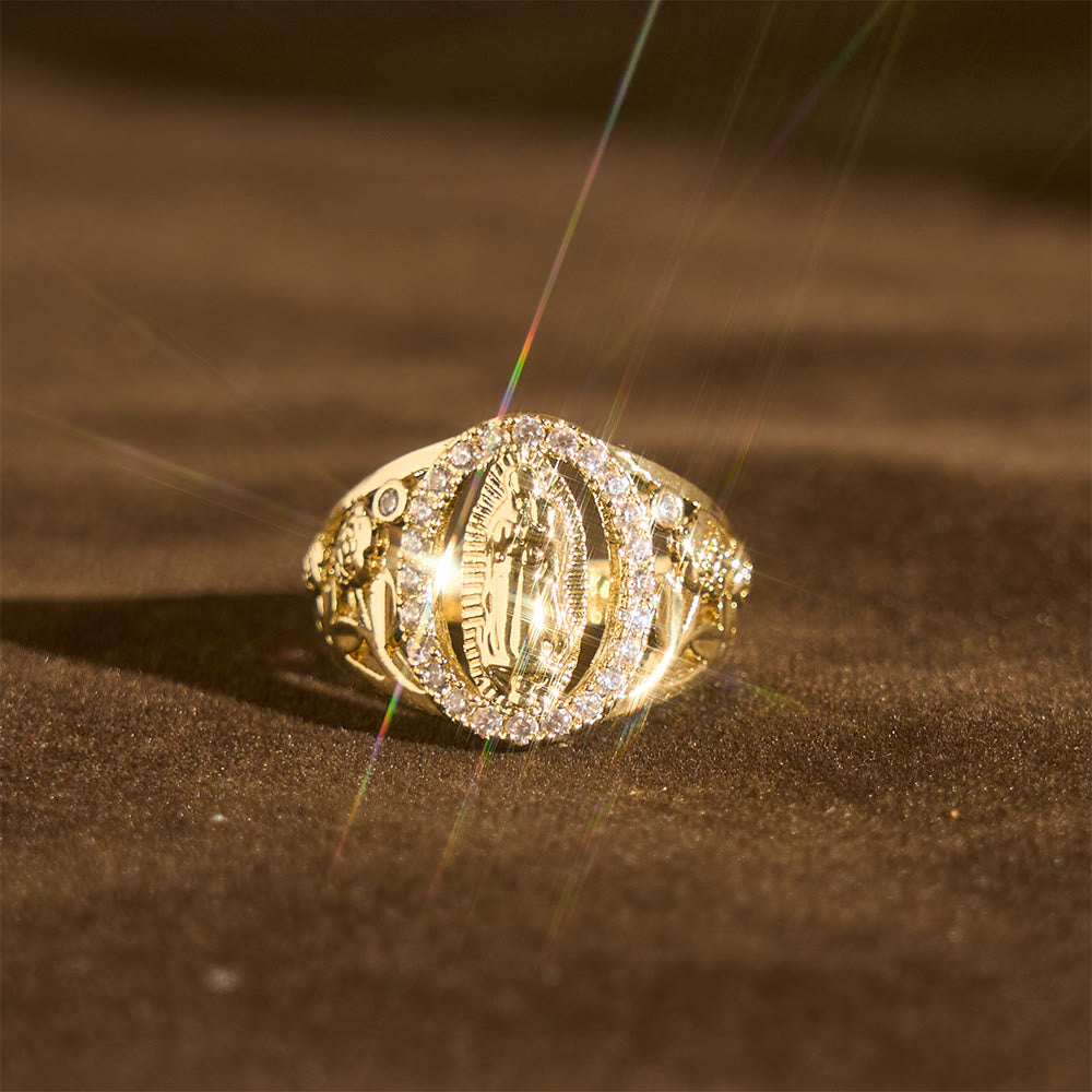Our Lady Ring with Encircled Zircons & Floral Accents: Embody Her Tender Grace