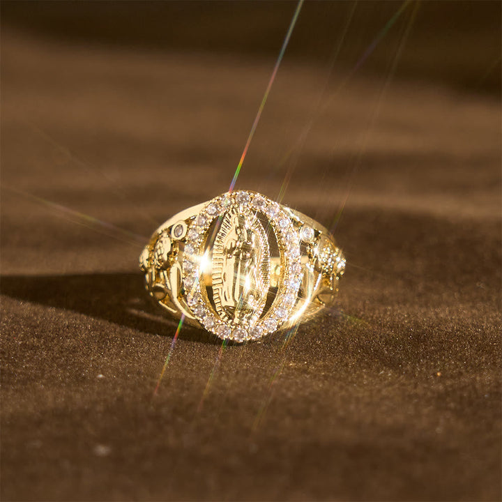 Our Lady Ring with Encircled Zircons & Floral Accents: Embody Her Tender Grace