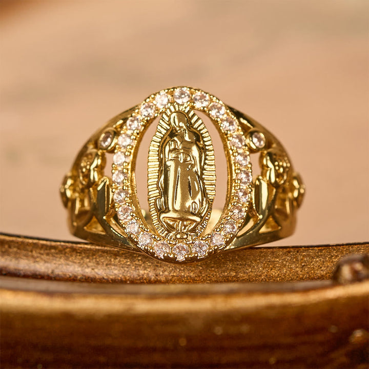 Our Lady Ring with Encircled Zircons & Floral Accents: Embody Her Tender Grace