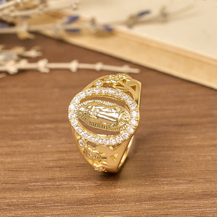 Our Lady Ring with Encircled Zircons & Floral Accents: Embody Her Tender Grace