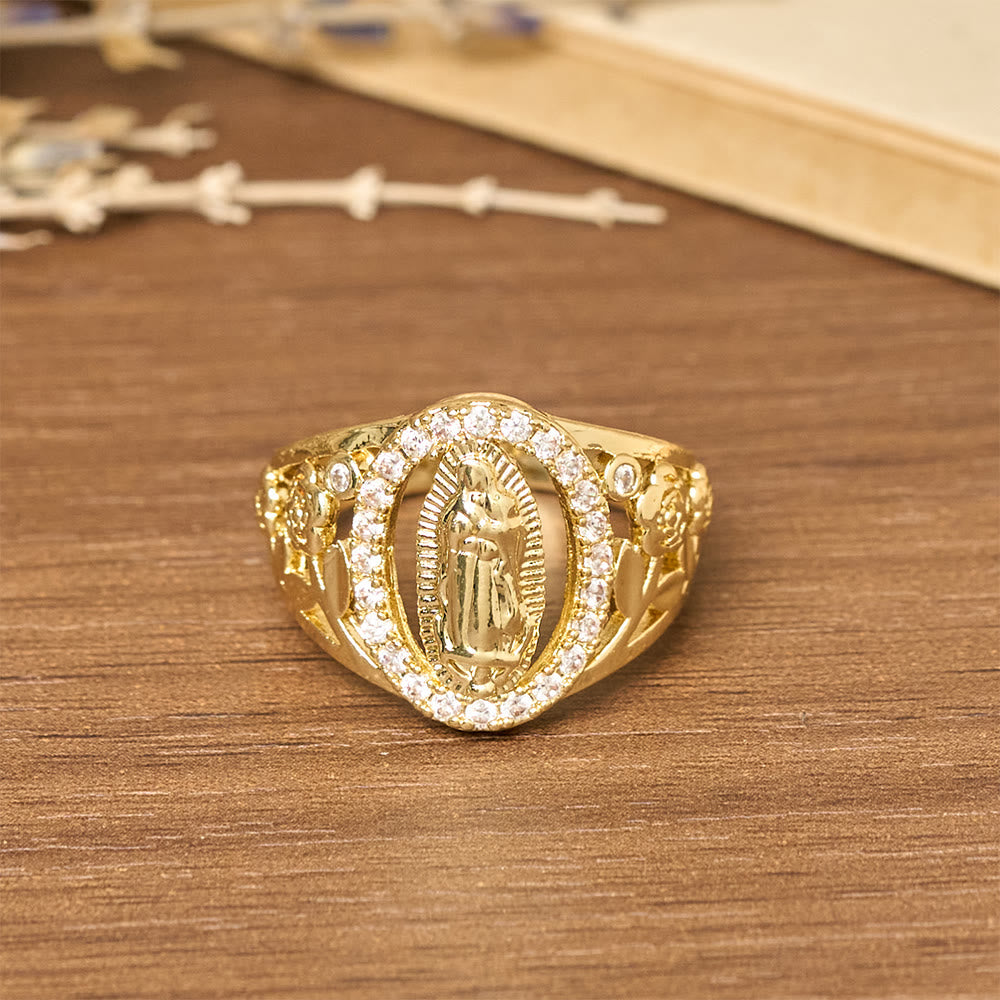 Our Lady Ring with Encircled Zircons & Floral Accents: Embody Her Tender Grace