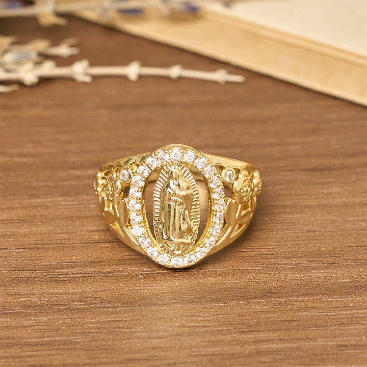 Our Lady Ring with Encircled Zircons & Floral Accents: Embody Her Tender Grace
