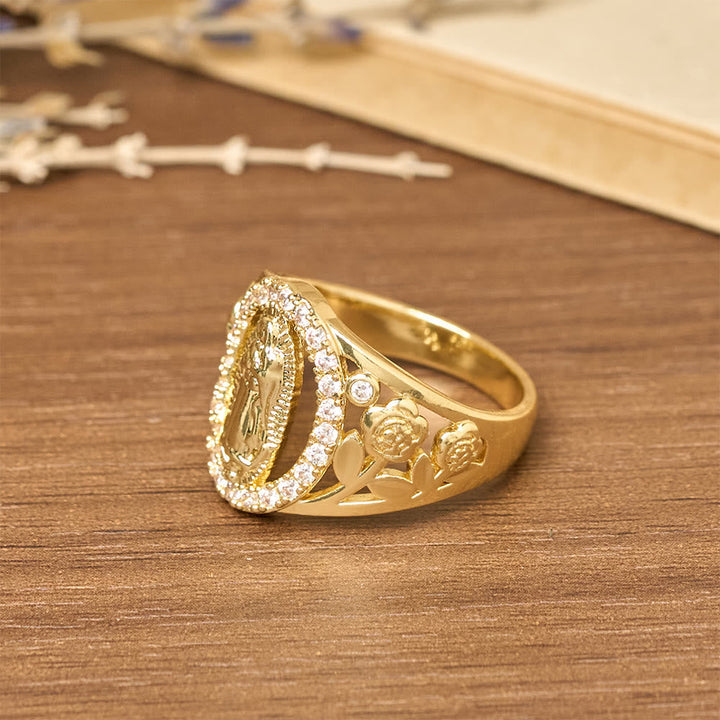 Our Lady Ring with Encircled Zircons & Floral Accents: Embody Her Tender Grace