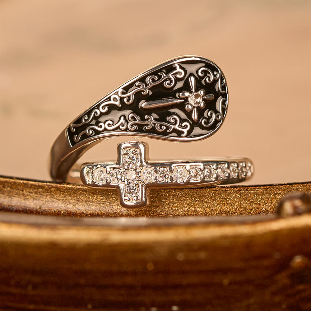 Classic Adjustable Artisan Faith Cross Ring with Baroque Patterns and Black Inlay