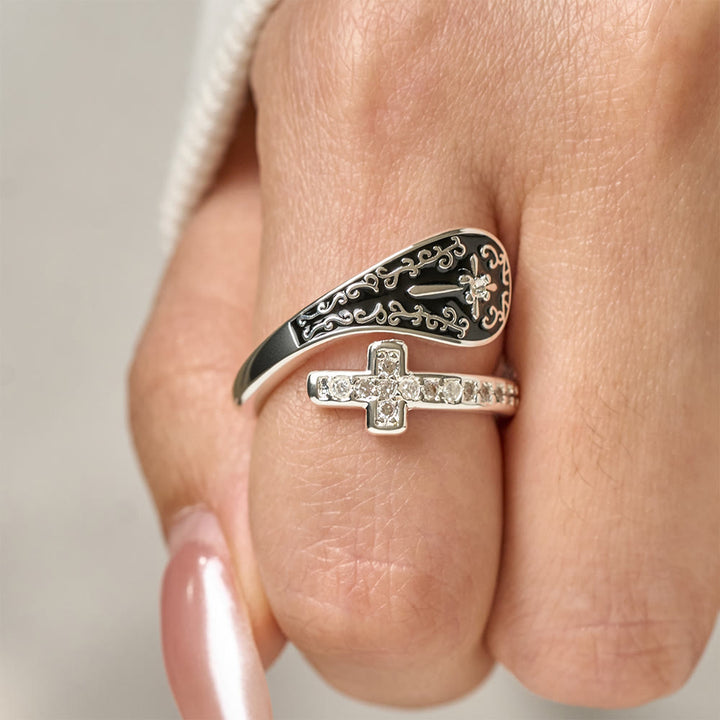 Classic Adjustable Artisan Faith Cross Ring with Baroque Patterns and Black Inlay