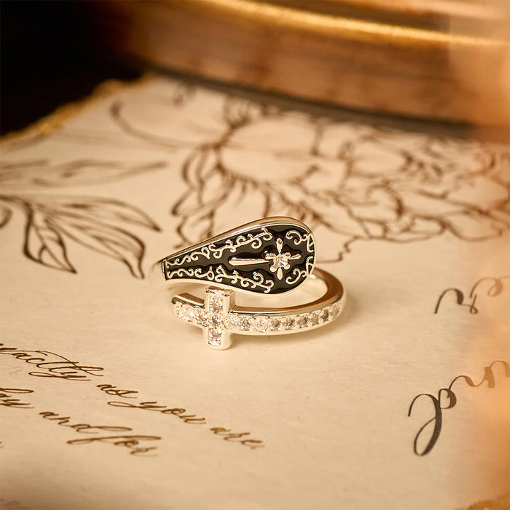 Classic Adjustable Artisan Faith Cross Ring with Baroque Patterns and Black Inlay
