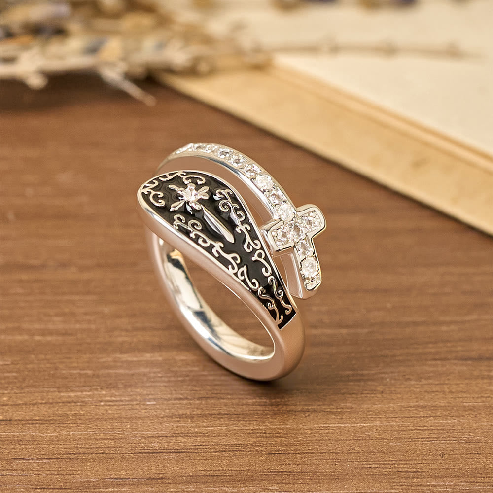 Classic Adjustable Artisan Faith Cross Ring with Baroque Patterns and Black Inlay