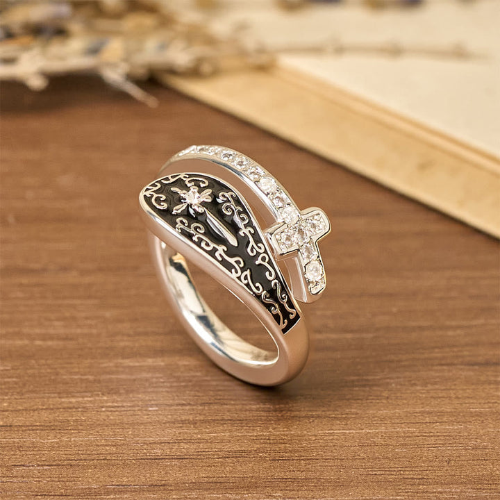 Classic Adjustable Artisan Faith Cross Ring with Baroque Patterns and Black Inlay
