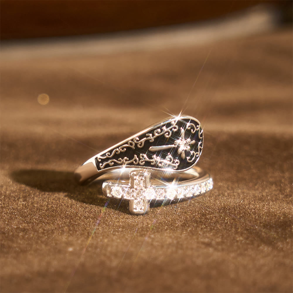 Classic Adjustable Artisan Faith Cross Ring with Baroque Patterns and Black Inlay