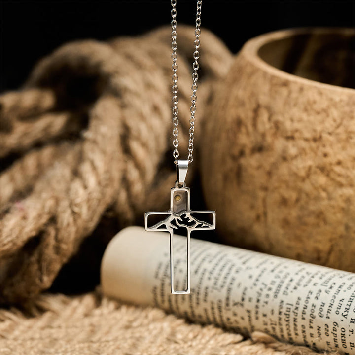 Mustard Seed Mountain Cross Necklace: Faith's Endurance & Nature's Wonder