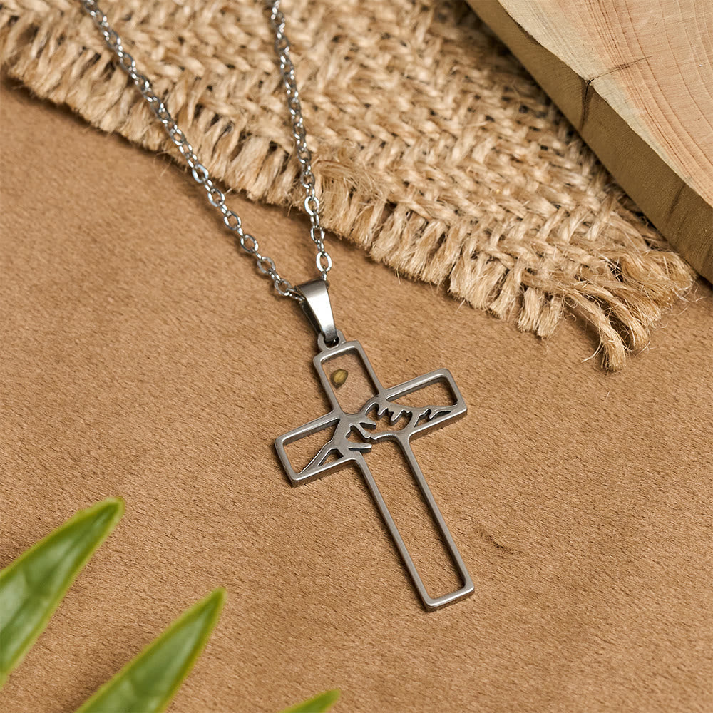Mustard Seed Mountain Cross Necklace: Faith's Endurance & Nature's Wonder