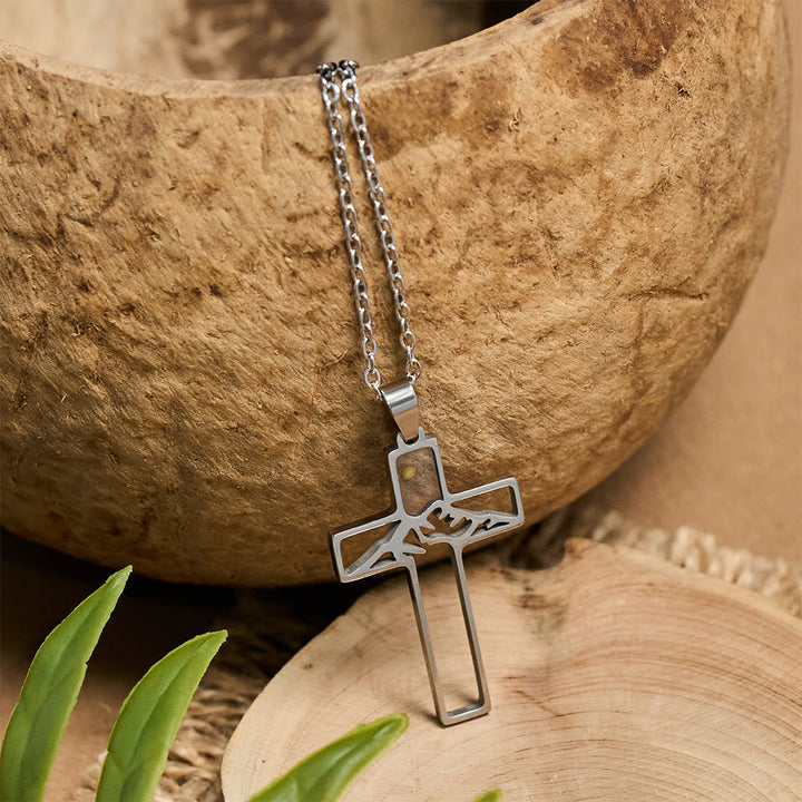 Mustard Seed Mountain Cross Necklace: Faith's Endurance & Nature's Wonder