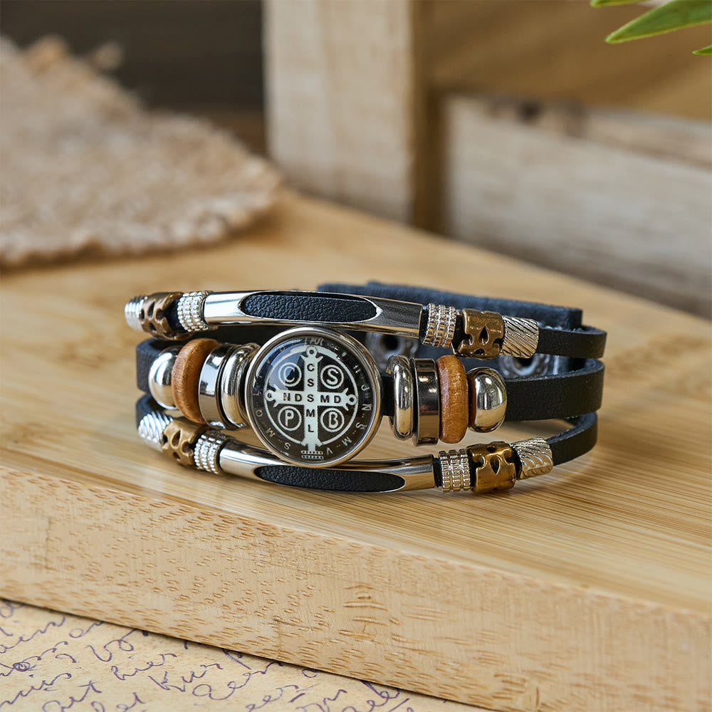 St. Benedict Collection Black Leather Cuff Bracelet with Multiple Faith Designs