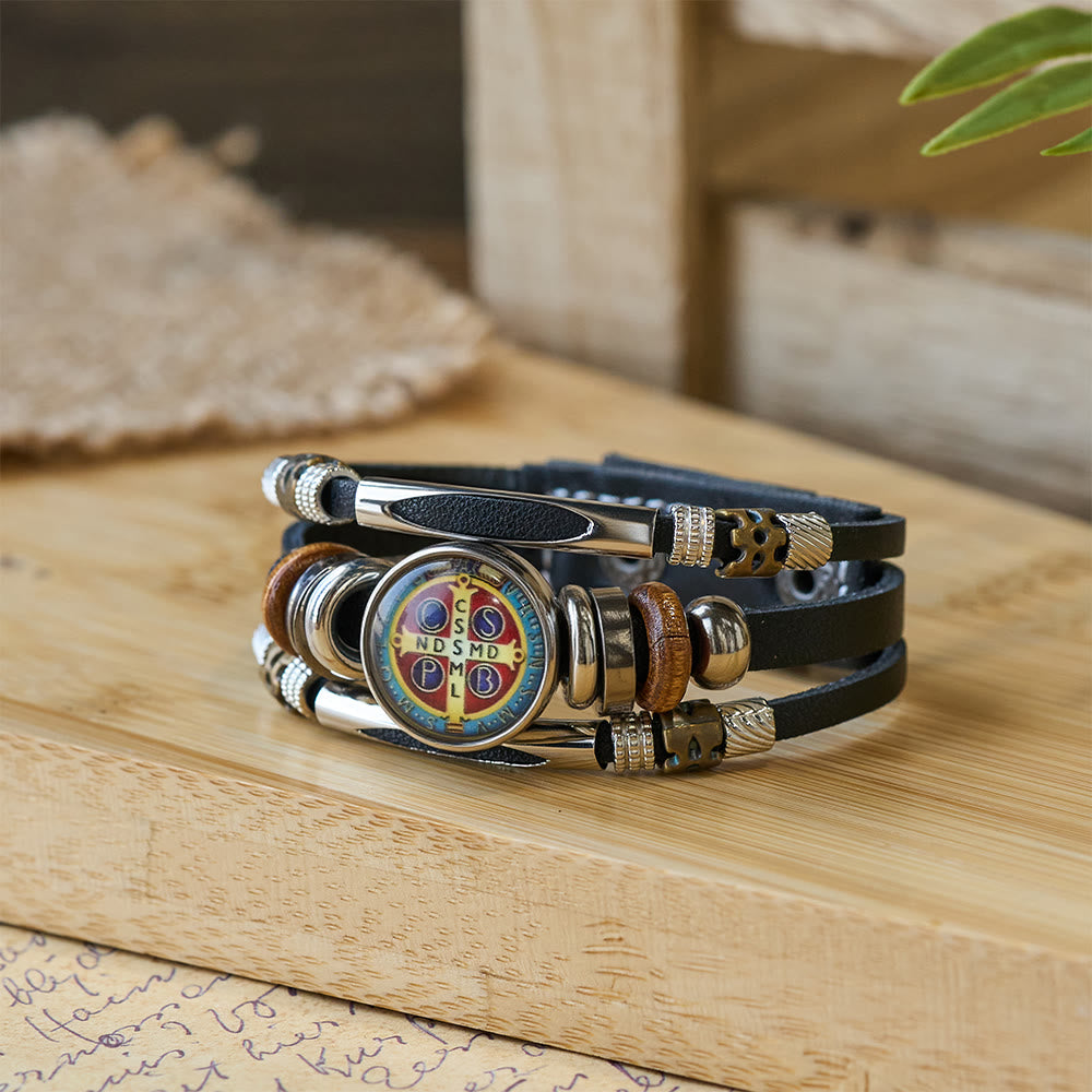 St. Benedict Collection Black Leather Cuff Bracelet with Multiple Faith Designs