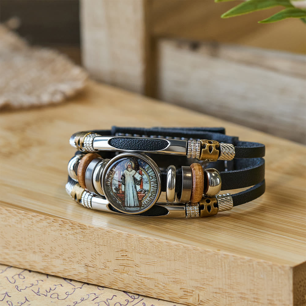 St. Benedict Collection Black Leather Cuff Bracelet with Multiple Faith Designs