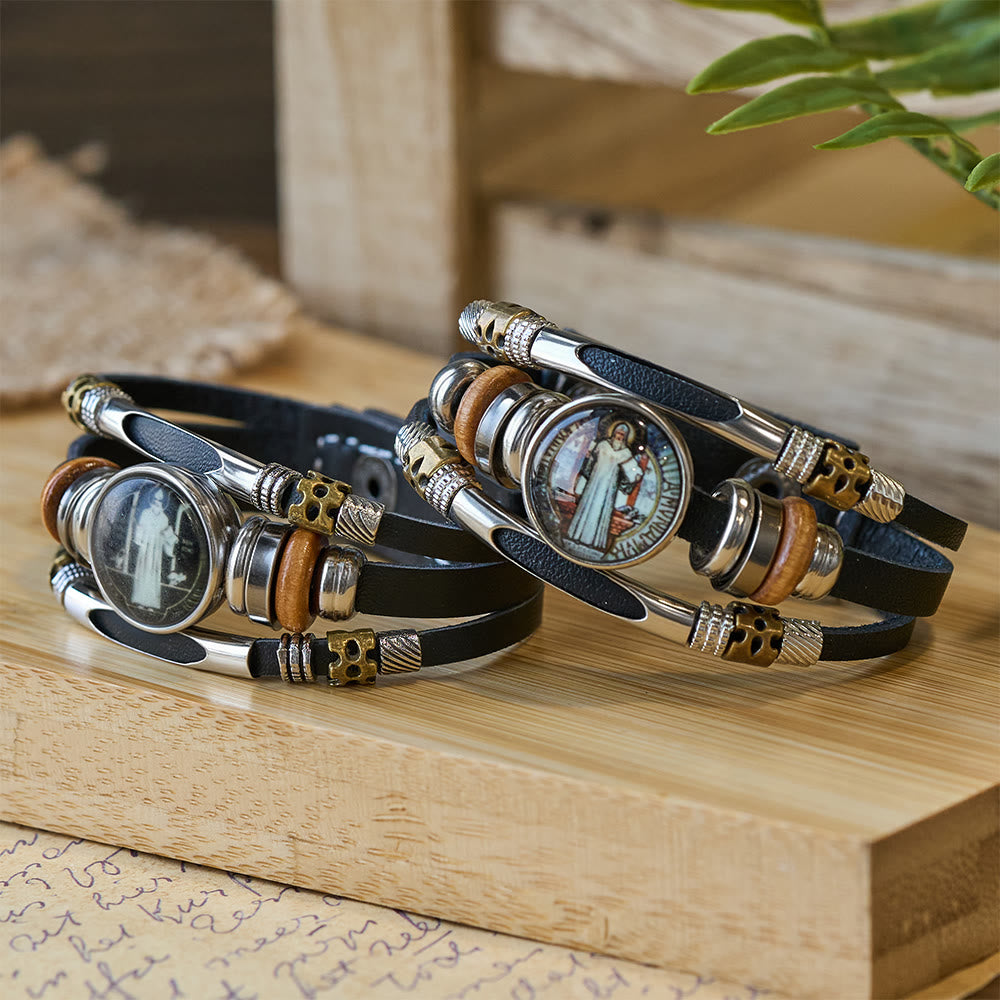 St. Benedict Collection Black Leather Cuff Bracelet with Multiple Faith Designs