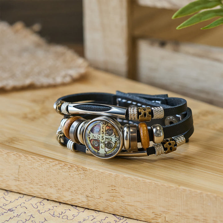 St. Benedict Collection Black Leather Cuff Bracelet with Multiple Faith Designs