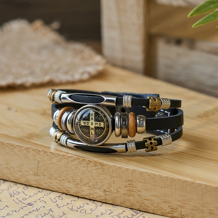 St. Benedict Collection Black Leather Cuff Bracelet with Multiple Faith Designs