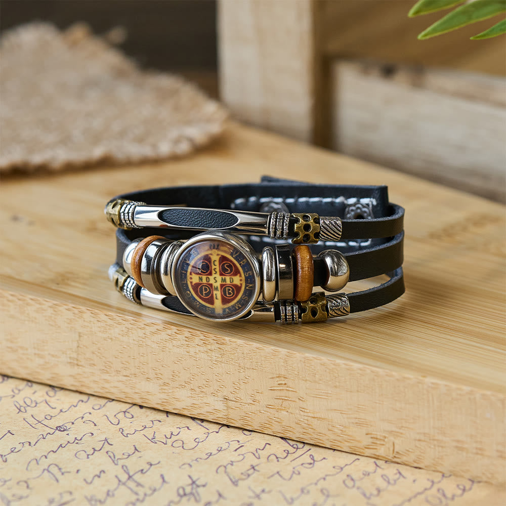 St. Benedict Collection Black Leather Cuff Bracelet with Multiple Faith Designs