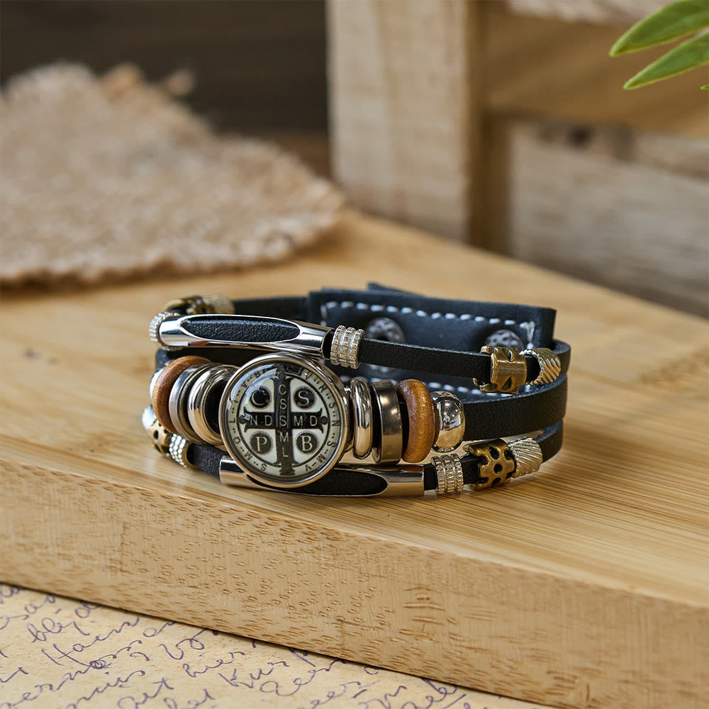 St. Benedict Collection Black Leather Cuff Bracelet with Multiple Faith Designs