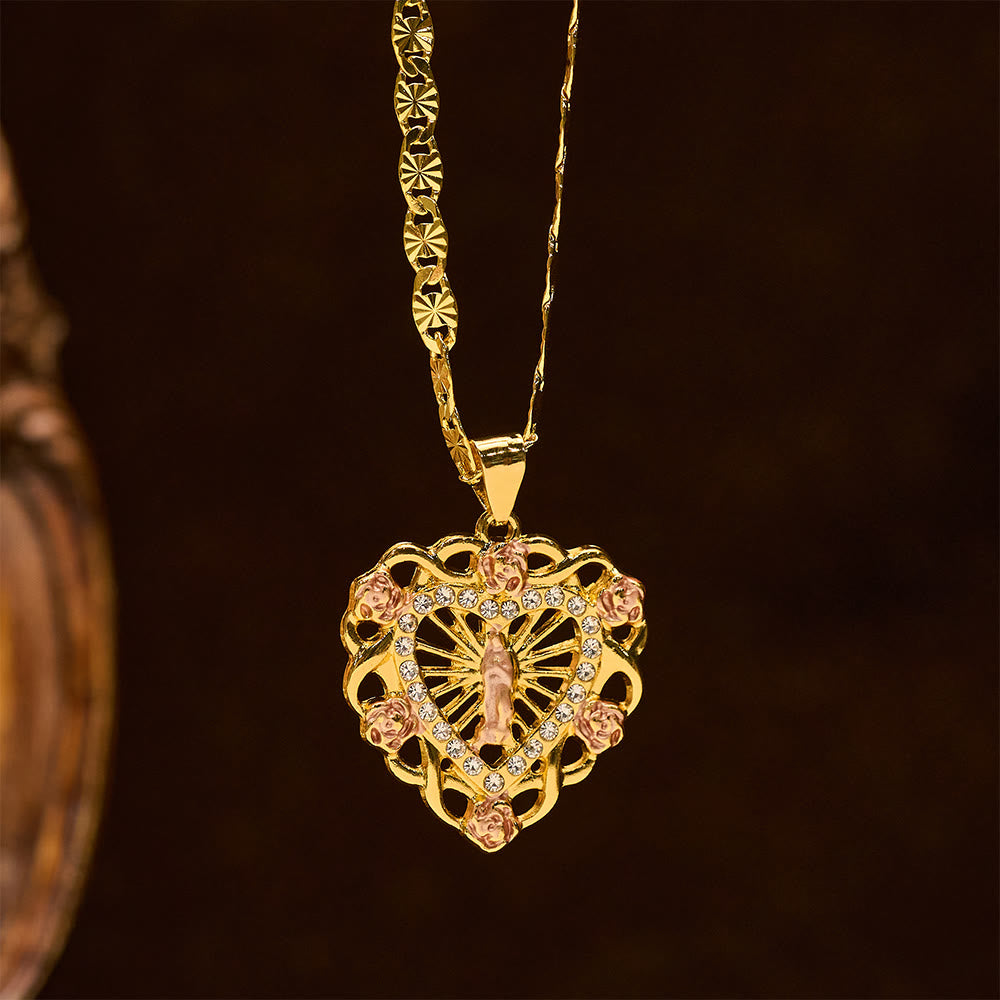 Openwork Our Lady Heart Necklace with Rose Accent: A Daily Reminder of Her Intercession
