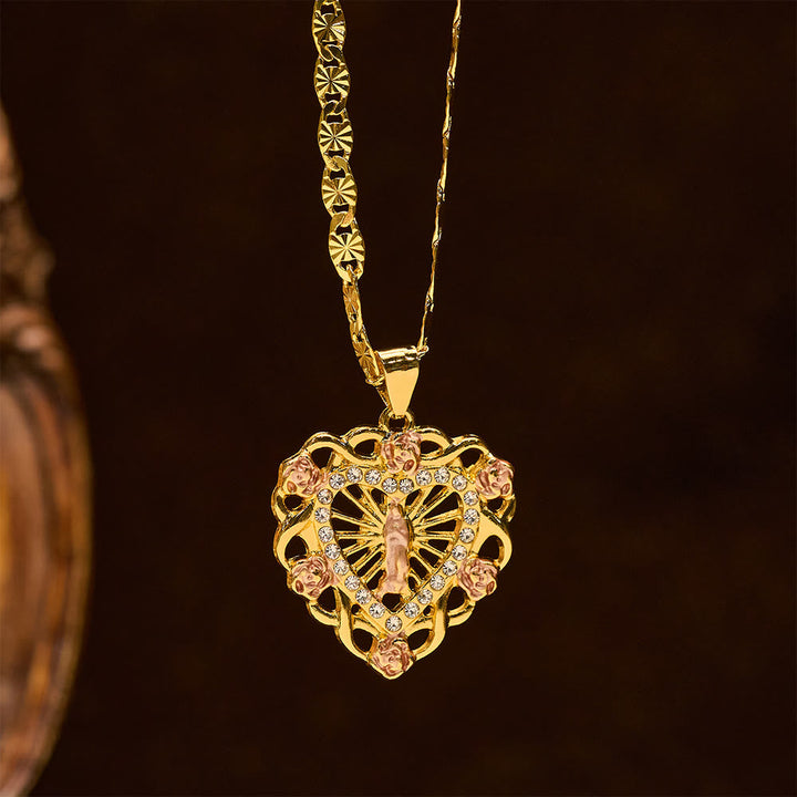 Openwork Our Lady Heart Necklace with Rose Accent: A Daily Reminder of Her Intercession