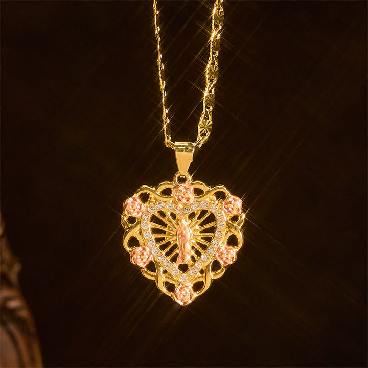 Openwork Our Lady Heart Necklace with Rose Accent: A Daily Reminder of Her Intercession