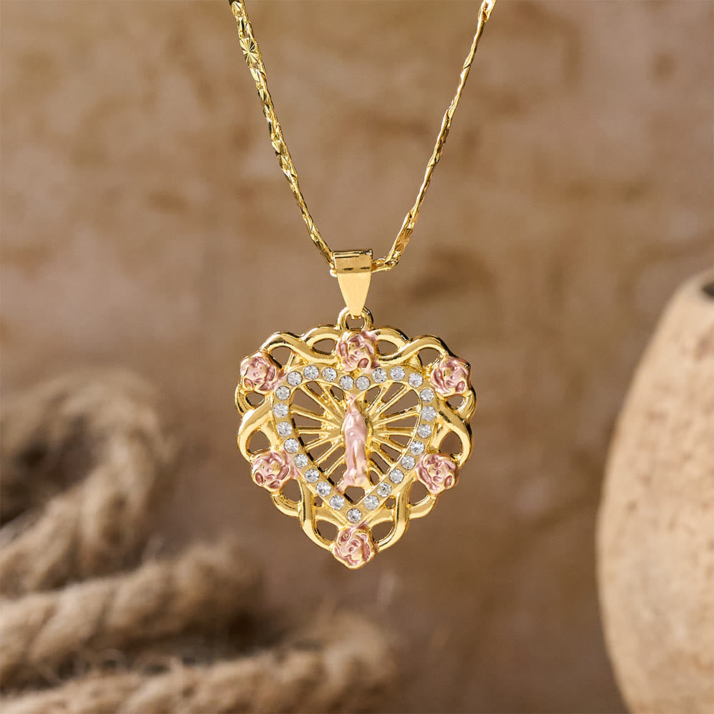 Openwork Our Lady Heart Necklace with Rose Accent: A Daily Reminder of Her Intercession