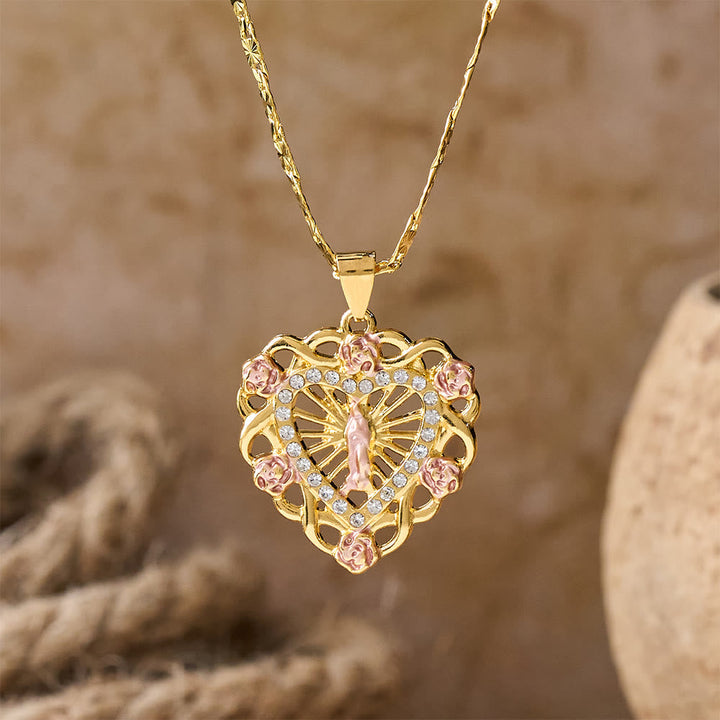 Openwork Our Lady Heart Necklace with Rose Accent: A Daily Reminder of Her Intercession
