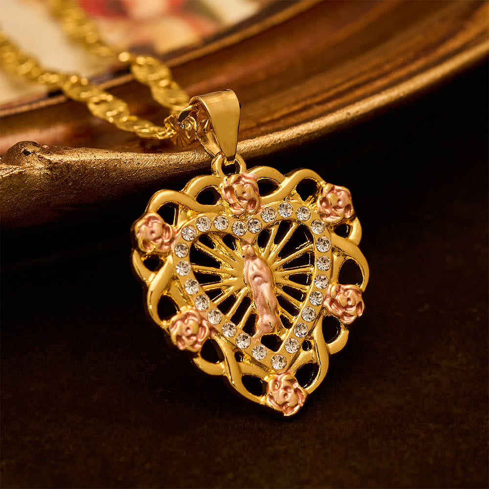 Openwork Our Lady Heart Necklace with Rose Accent: A Daily Reminder of Her Intercession