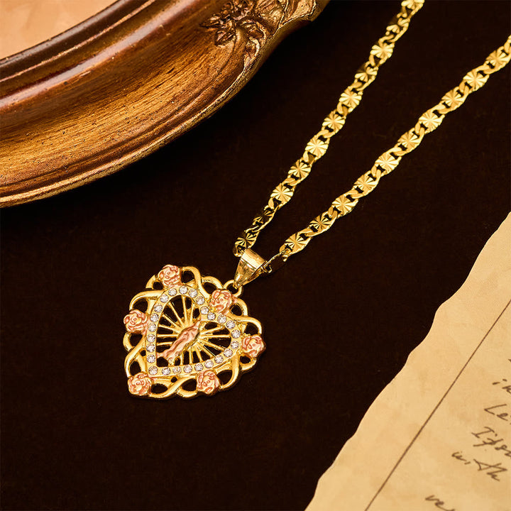 Openwork Our Lady Heart Necklace with Rose Accent: A Daily Reminder of Her Intercession