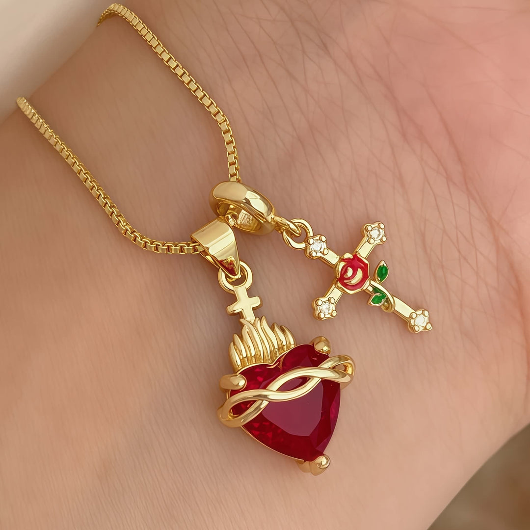 Sacred Heart & Rose Cross Pendant Necklace: Embody Divine Love and Redemptive Grace