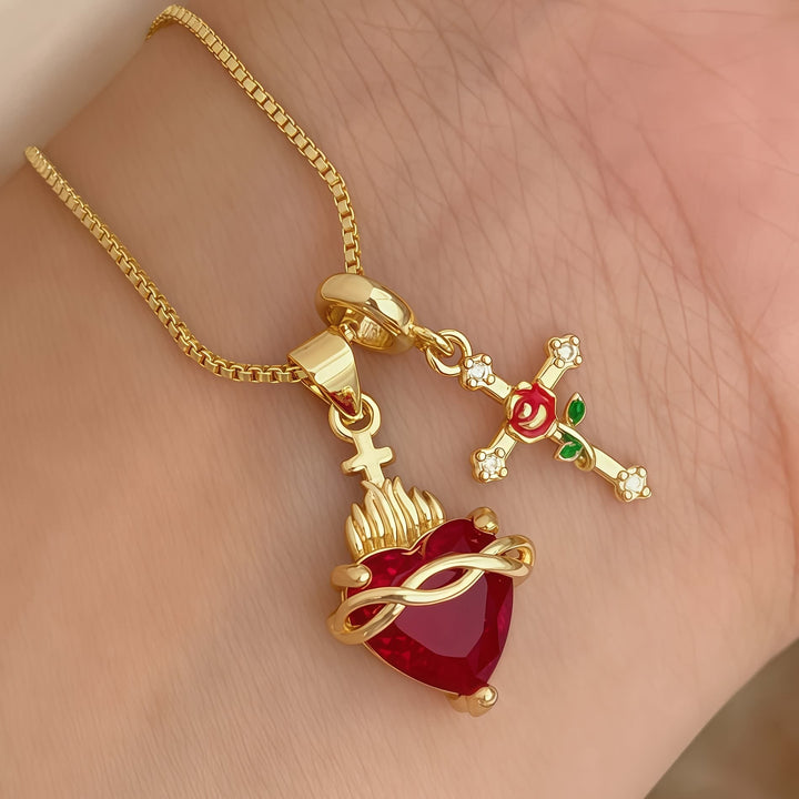 Sacred Heart & Rose Cross Pendant Necklace: Embody Divine Love and Redemptive Grace