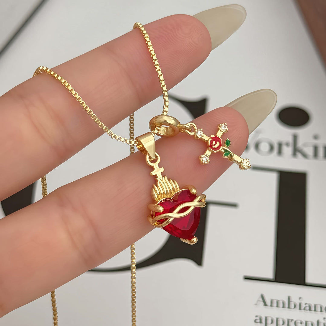 Sacred Heart & Rose Cross Pendant Necklace: Embody Divine Love and Redemptive Grace