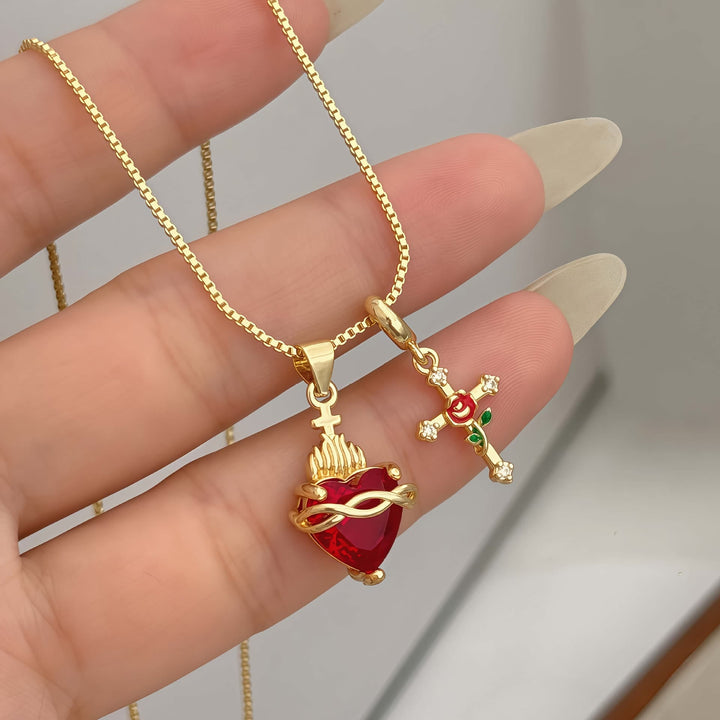 Sacred Heart & Rose Cross Pendant Necklace: Embody Divine Love and Redemptive Grace
