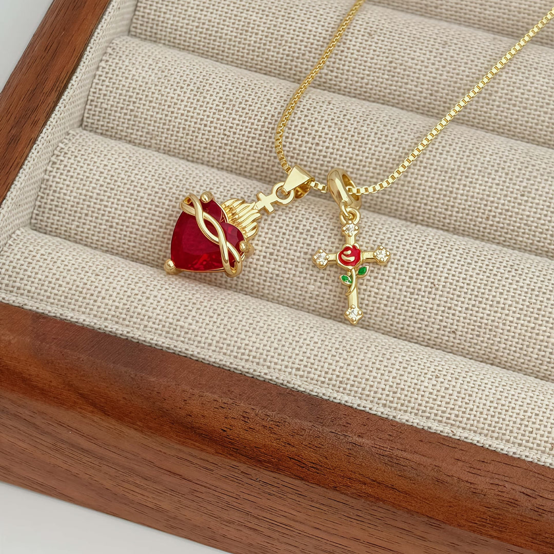 Sacred Heart & Rose Cross Pendant Necklace: Embody Divine Love and Redemptive Grace