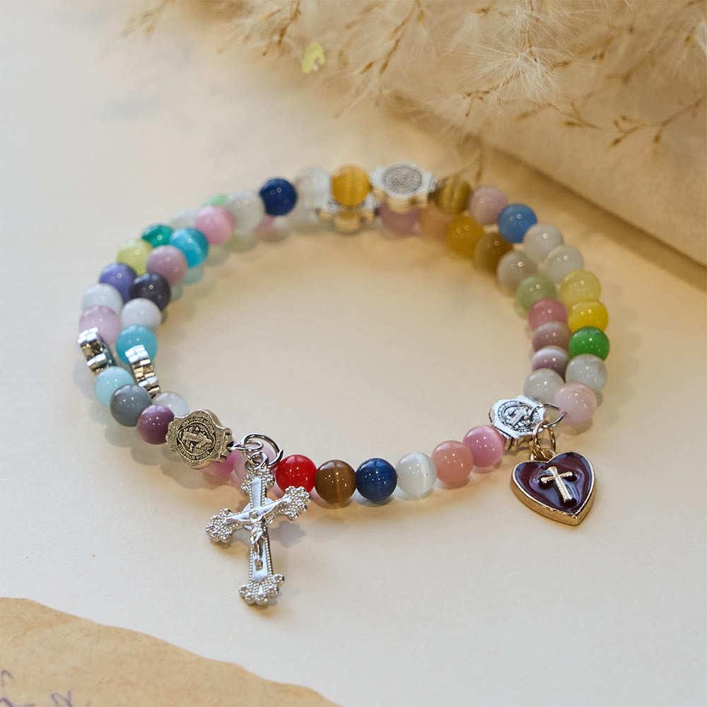 6mm Multicolor Cat's Eye Memory Wire Rosary Bracelet with St. Benedict Accents