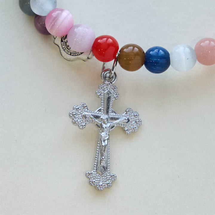 6mm Multicolor Cat's Eye Memory Wire Rosary Bracelet with St. Benedict Accents